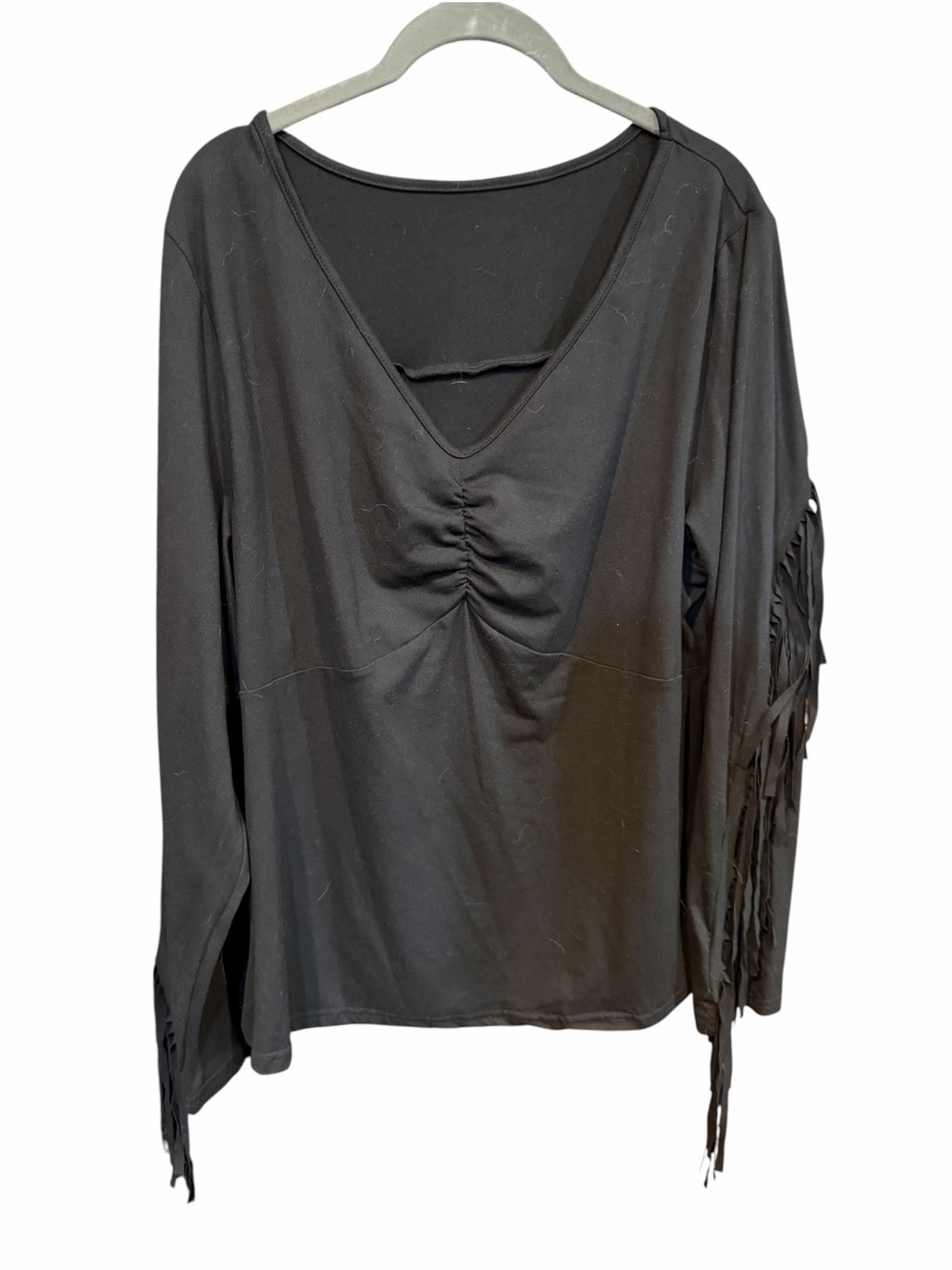 SHEIN Black V-Neck Long Sleeve Top with Fringe Sleeves